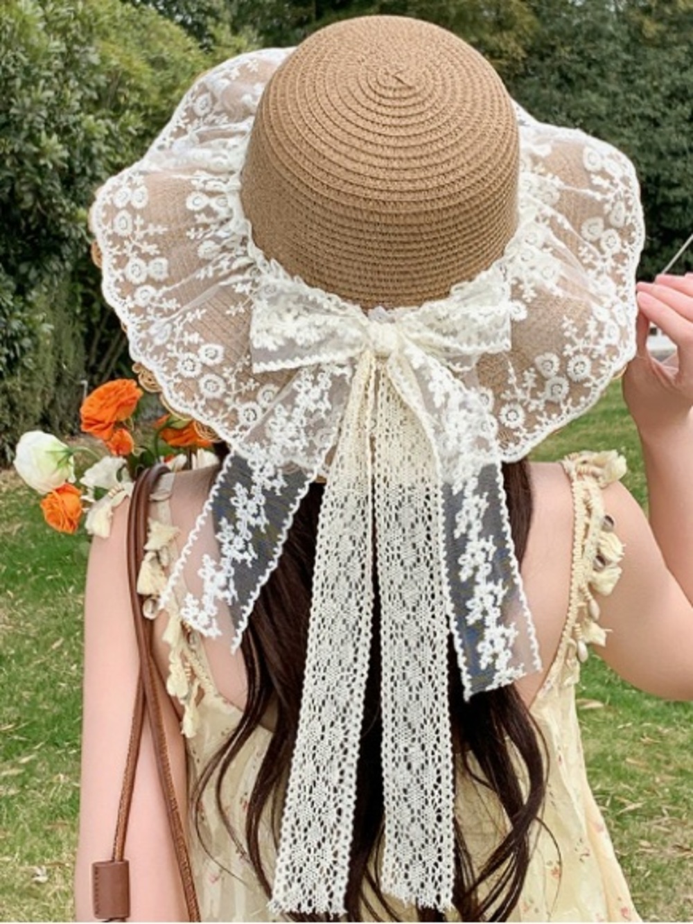 Lace-Trim Straw Sun Hat with Bow - Cream and Tan